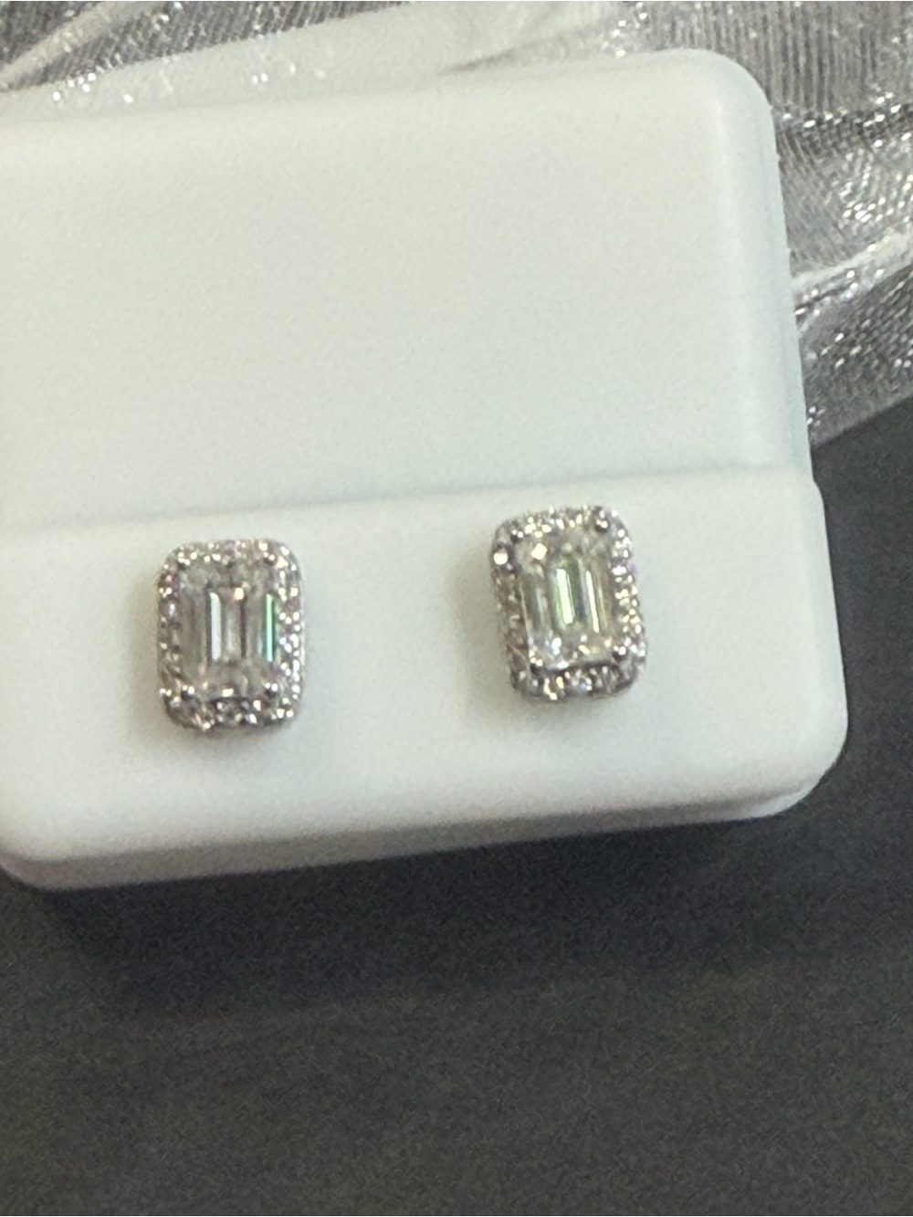 Classic 925Sterling Silver, 1.80 CTW Emerald-Cut moissanite and halo earrings